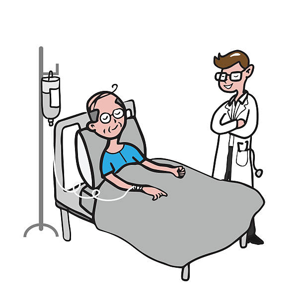 Doctor visits old man patient cartoon drawing